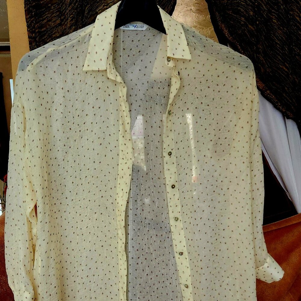 B32 Zara gold dots button down, cuffs, great party shirt or even beach cover-up